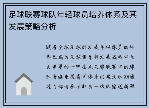 足球联赛球队年轻球员培养体系及其发展策略分析