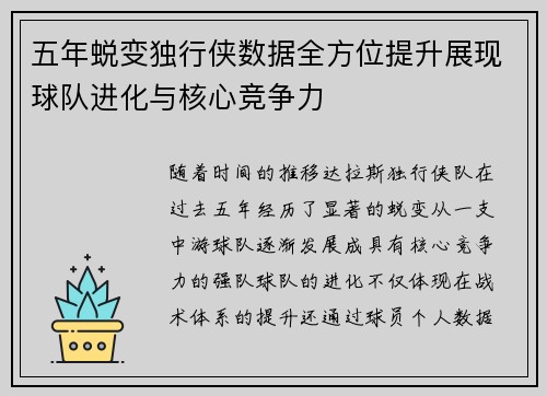 五年蜕变独行侠数据全方位提升展现球队进化与核心竞争力