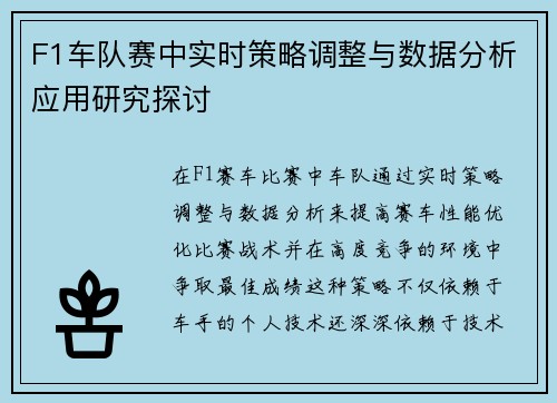 F1车队赛中实时策略调整与数据分析应用研究探讨