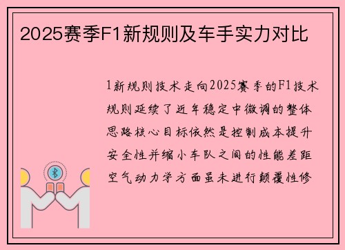 2025赛季F1新规则及车手实力对比