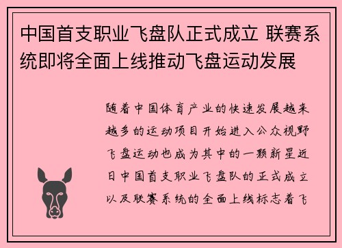 中国首支职业飞盘队正式成立 联赛系统即将全面上线推动飞盘运动发展